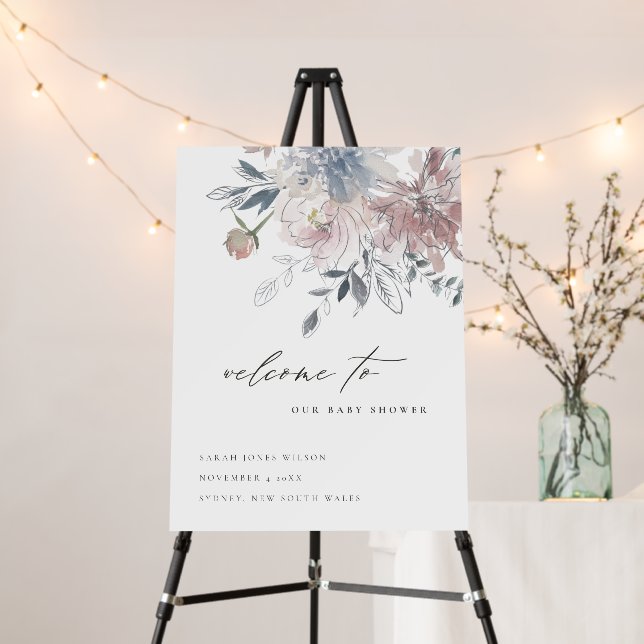 Blush Blue Watercolor Floral Baby Shower Welcome Foam Board (In Situ (Stand))
