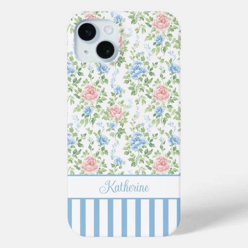 Blush Blue Watercolor Floral Monogrammed  iPhone 15 Plus Case