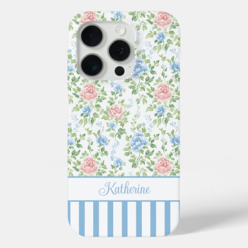 Blush Blue Watercolor Floral Monogrammed  iPhone 15 Pro Case