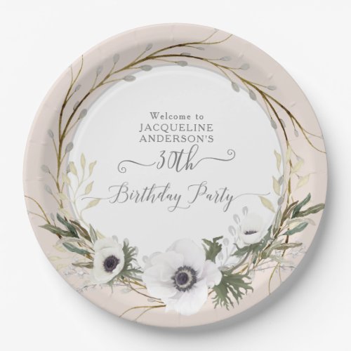 Blush BOHO Anemone Floral Wreath Birthday Party Paper Plates
