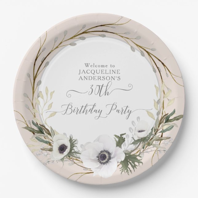 Blush BOHO Anemone Floral Wreath Birthday Party Paper Plates (Front)