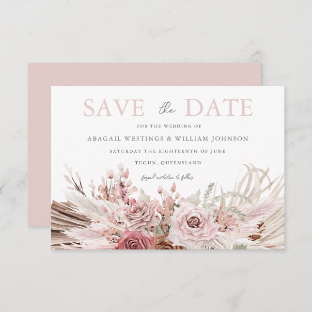 Blush Boho Bohemian Floral Wedding Save The Date (Front/Back)