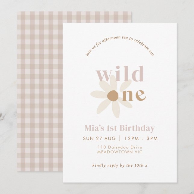 Blush Boho Daisy Floral First Birthday Invitation (Front/Back)