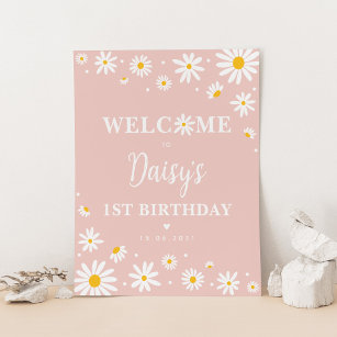 Blush Boho Daisy Floral Girl 1st Birthday Welcome Poster