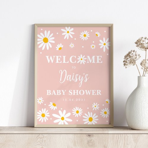 Blush Boho Daisy Floral Girl Baby Shower Welcome Poster