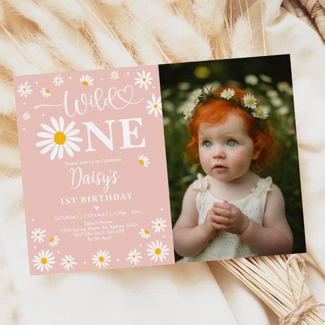 Blush Boho Daisy Floral Wild One Photo Birthday Invitation (Creator Uploaded)
