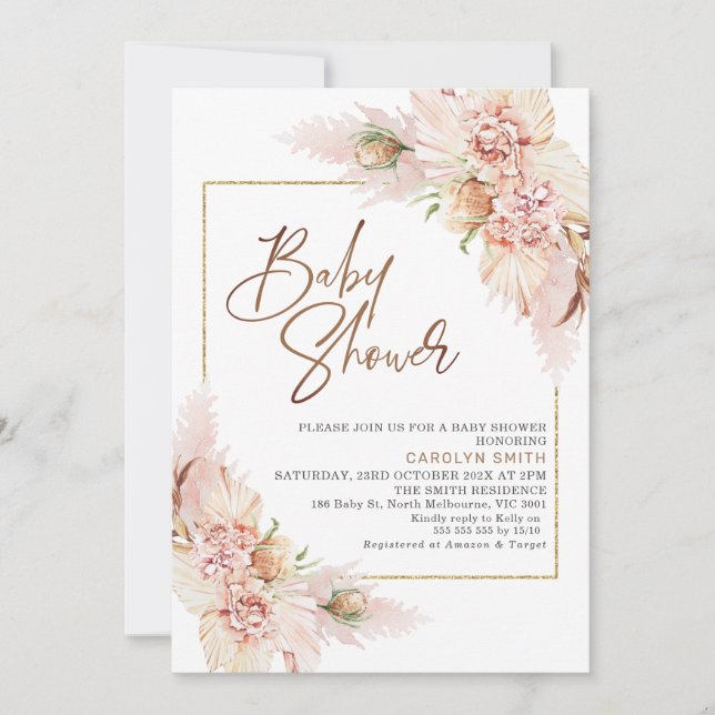Blush Boho Dry Floral Arrangement Baby Shower Invitation (Front)