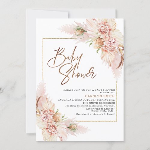 Blush Boho Dry Floral Arrangement Baby Shower Invitation