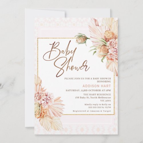 Blush Boho Dry Floral Moroccan Tile Baby Shower Invitation