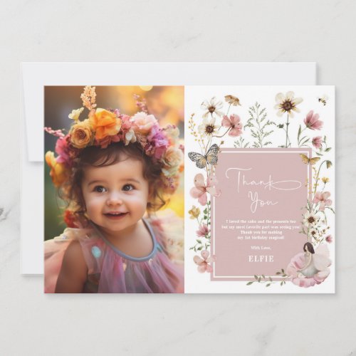 Blush Boho Fairy Wildflower Girl Birthday Photo Thank You Card