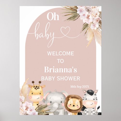 Blush Boho Floral Arch Safari Baby Shower Welcome Poster