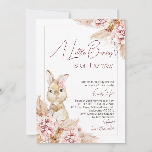 Blush Boho Floral Bunny Baby Shower  Invitation
