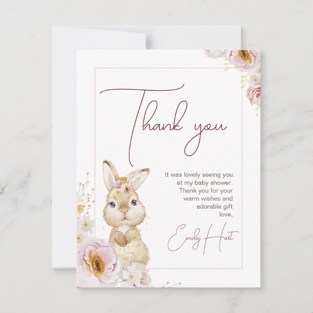 Blush Boho Floral Bunny Baby Shower Thank You Card (Front)