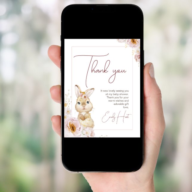 Blush Boho Floral Bunny Baby Shower Thank You Card (Front Digital)