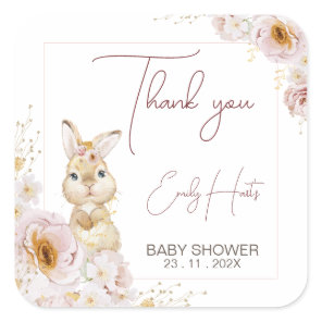 Blush Boho Floral Bunny Baby Shower Thank You Square Sticker