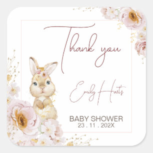 Blush Boho Floral Bunny Baby Shower Thank You Square Sticker