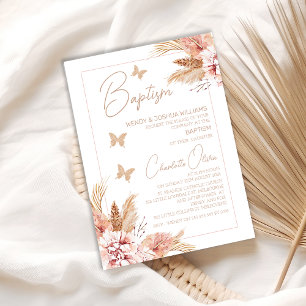 Blush Boho Floral Butterflies Baptism  Invitation