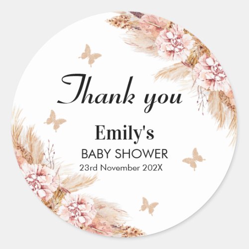 Blush Boho Floral Butterfly Kisses Baby Shower  Classic Round Sticker