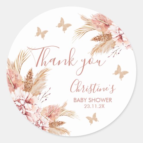 Blush Boho Floral Butterfly Kisses Baby Shower Classic Round Sticker