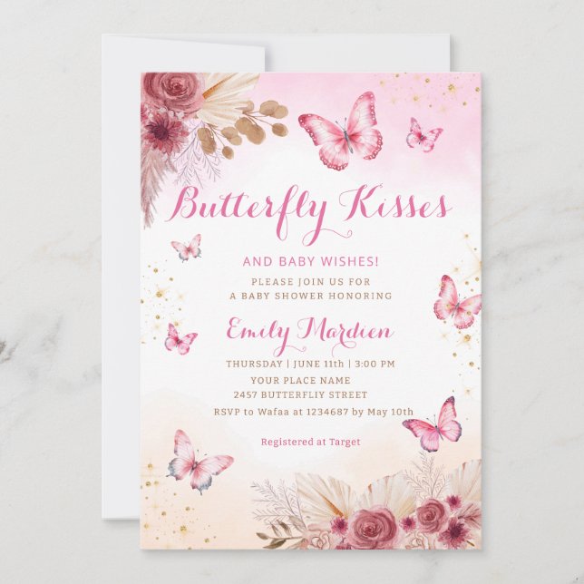 Blush Boho Floral Butterfly Kisses Baby Shower  Invitation (Front)
