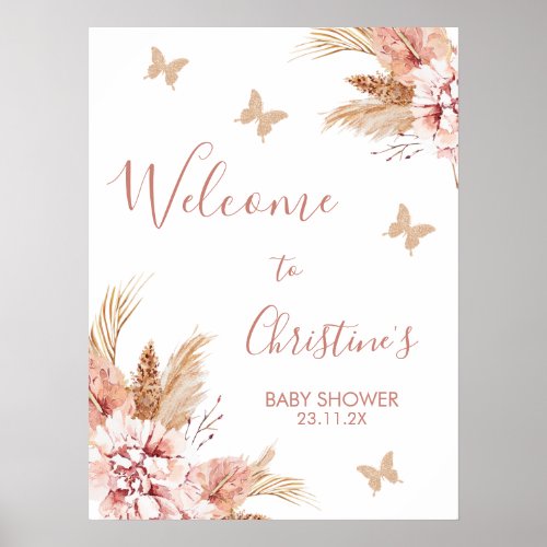 Blush Boho Floral Butterfly Kisses Baby Welcome  P Poster