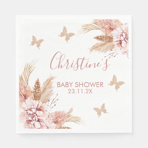 Blush Boho Floral Butterfly Kisses Baby Wishes Napkins