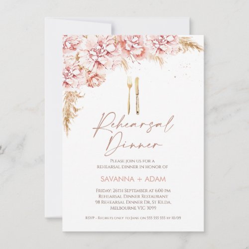 Blush Boho Floral Cutlery Rehearsal Dinner Invitation