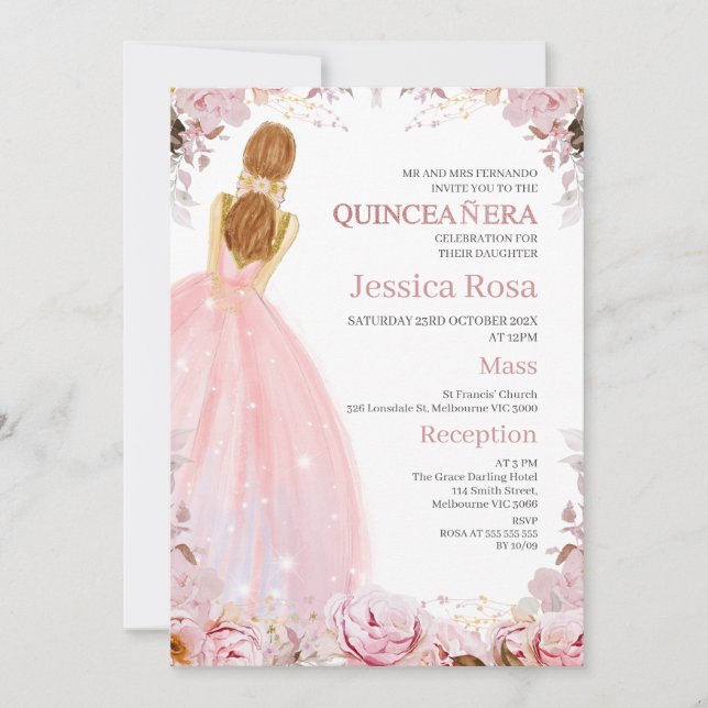 Blush Boho Floral Dress Quinceañera Invitation (Front)