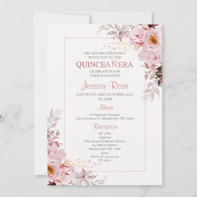 Blush Boho Floral Frame Quinceañera invitation (Front)