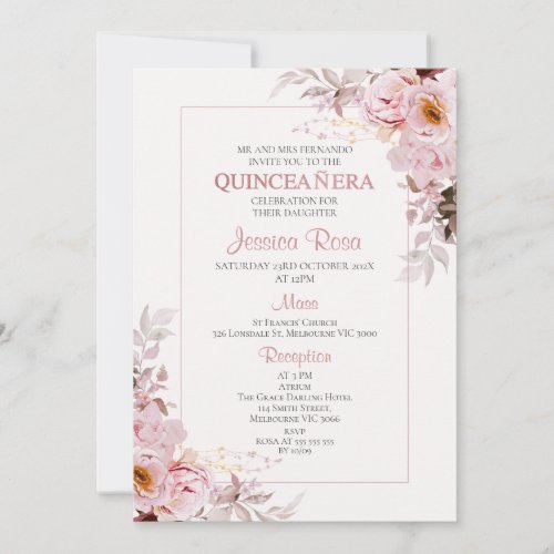 Blush Boho Floral Frame Quinceaera invitation