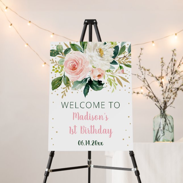 Blush Boho Floral Girl First Birthday Welcome Foam Board (In Situ (Stand))