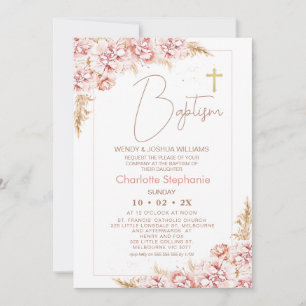 Blush Boho Floral Gold Cross Baptism Invitation