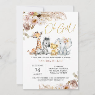 Blush Boho Floral Oh Girl Safari Baby Shower Invitation