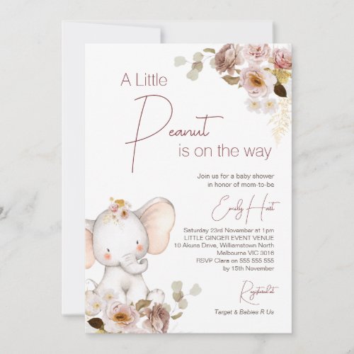 Blush Boho Floral Peanut Elephant Baby Shower  Invitation