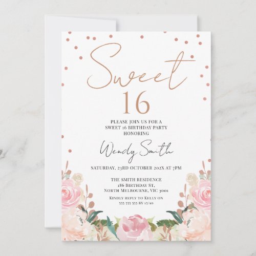 Blush Boho Floral Rose Gold  Sweet 16 Birthday