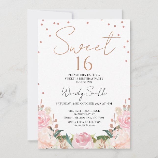 Blush Boho Floral Rose Gold  Sweet 16 Birthday Invitation (Front)