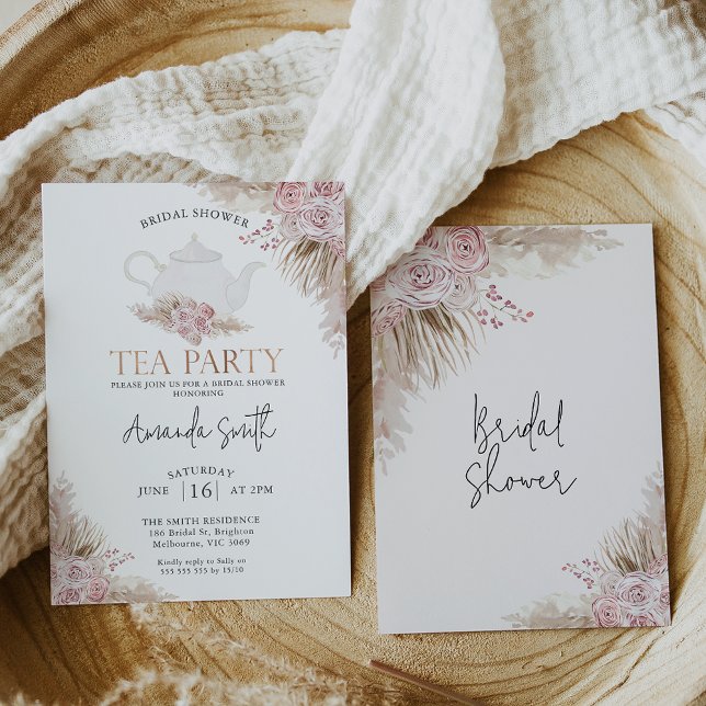 Blush Boho Floral Tea Party Bridal Shower  Invitation (Blush boho floral tea party bridal invitation featuring a white teapot and some pampas grass.)