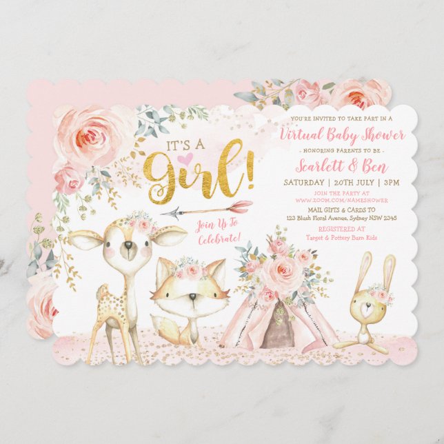 Blush Boho Floral Woodland Virtual Baby Shower Invitation (Front/Back)