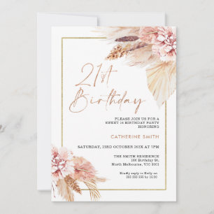 Blush Boho Pampas Grass 21st Birthday Invitation