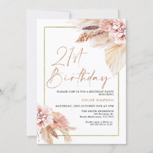 Blush Boho Pampas Grass 21st Birthday Invitation