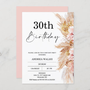 Blush Boho Pampas Grass 30th Birthday Invitation