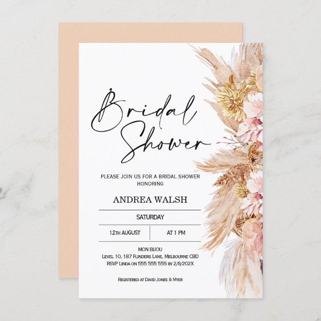 Blush Boho Pampas Grass Bridal Shower Invitation (Front/Back)
