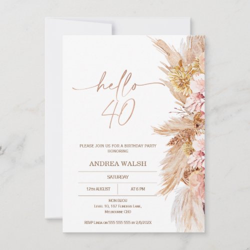 Blush Boho Pampas Grass Hello 40 Birthday