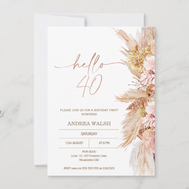Blush Boho Pampas Grass Hello 40 Birthday Invitation (Front)