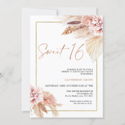 Blush Boho Pampas Grass Sweet 16 Birthday Invitation