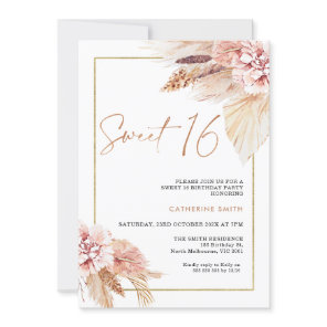 Blush Boho Pampas Grass Sweet 16 Birthday Invitation
