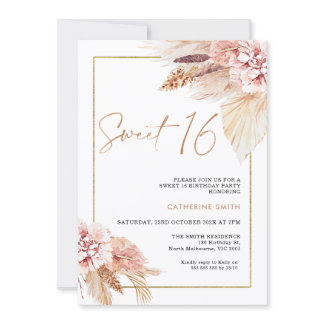 Blush Boho Pampas Grass Sweet 16 Birthday Invitation