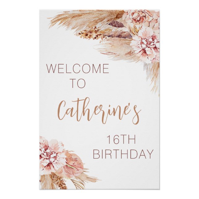 Blush Boho Pampas Grass Sweet 16 Birthday Poster (Front)