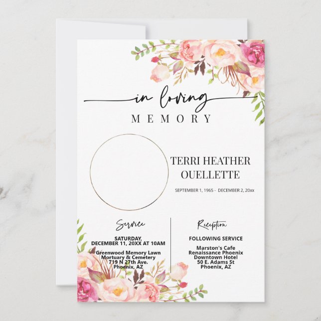 Blush Boho Photo Funeral Memorial Service Invitation (Front)