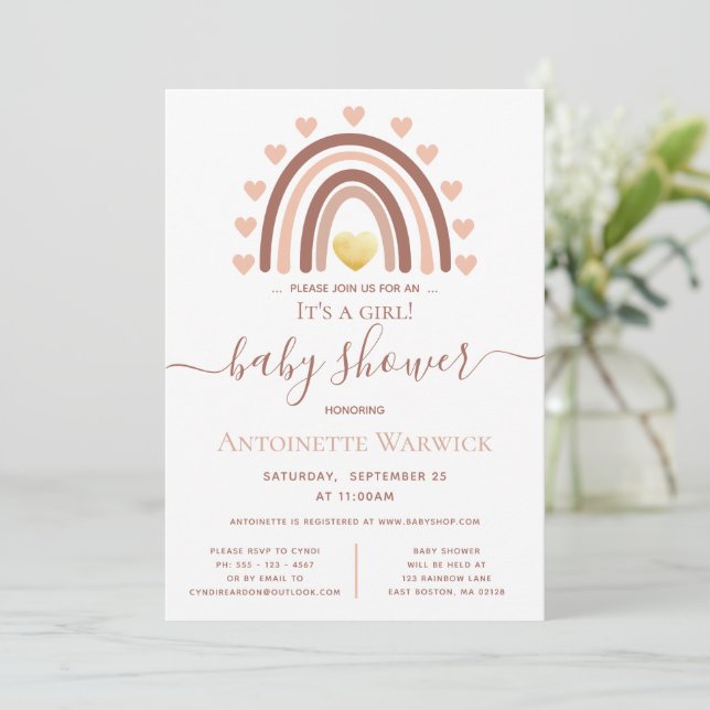 Blush Boho Rainbow Its a Girl Baby Shower Invitation (Standing Front)